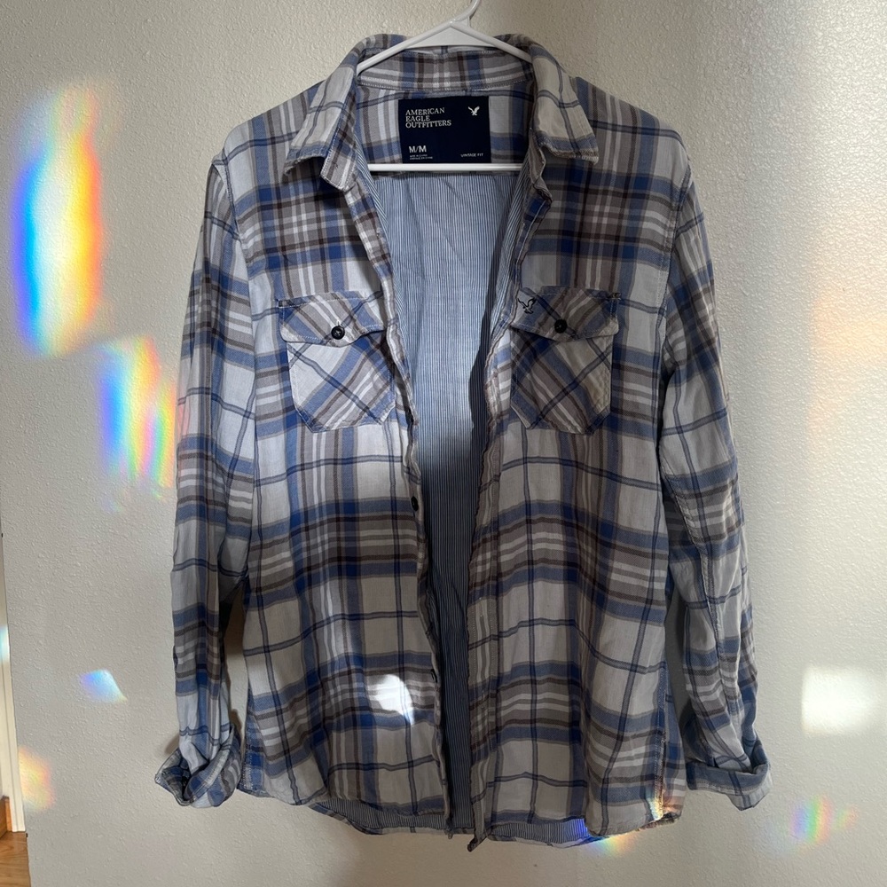 American Eagle Blue and White Flannel Mens Medium
